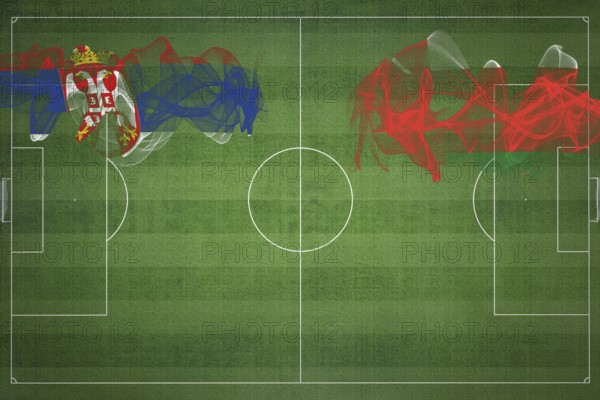 Serbia vs Oman Soccer Match, national colors, national flags, soccer field, football game, Competition concept, Copy space