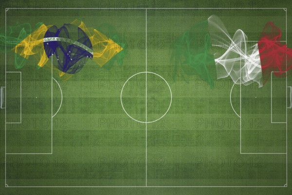 Brazil vs Italy Soccer Match, national colors, national flags, soccer field, football game, Competition concept, Copy space