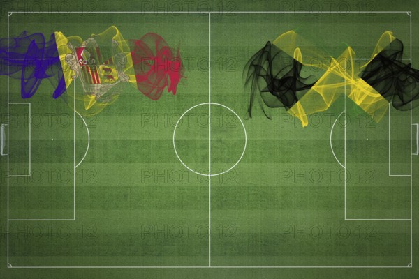 Andorra vs Jamaica Soccer Match, national colors, national flags, soccer field, football game, Competition concept, Copy space
