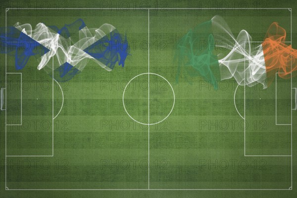 Scotland vs Ireland Soccer Match, national colors, national flags, soccer field, football game, Competition concept, Copy space