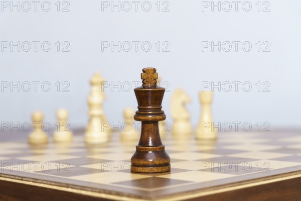 Chess king piece in the foreground during a game with a white background