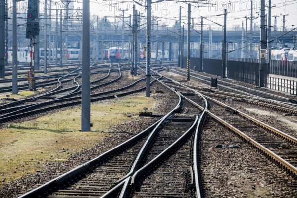 Austria, Upper Austria, Linz, Wels . Railway tracks seen from a moving train between Linz and Wels Austria, Europe