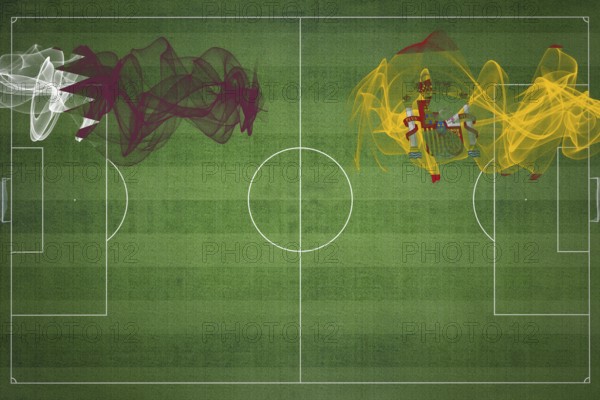 Qatar vs Spain Soccer Match, national colors, national flags, soccer field, football game, Competition concept, Copy space