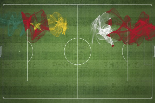 Cameroon vs Bahrain Soccer Match, national colors, national flags, soccer field, football game, Competition concept, Copy space