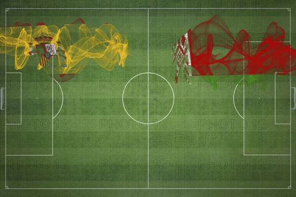 Spain vs Belarus Soccer Match, national colors, national flags, soccer field, football game, Competition concept, Copy space