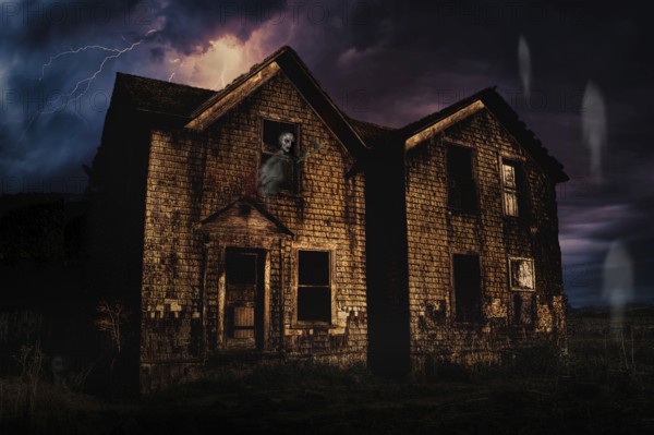 Haunted House with Lightning and Ghosts, Color Image