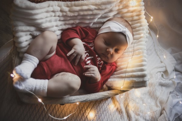 A cute newborn baby in xmas clothes sleeping in a basket on the floor against a Christmas decoration. New Year's Eve