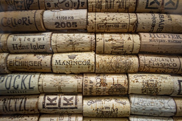Prague, Czech Republic, February 2014: Illustrative Editorial: collection of wine corks from different wineries and brands, Europe