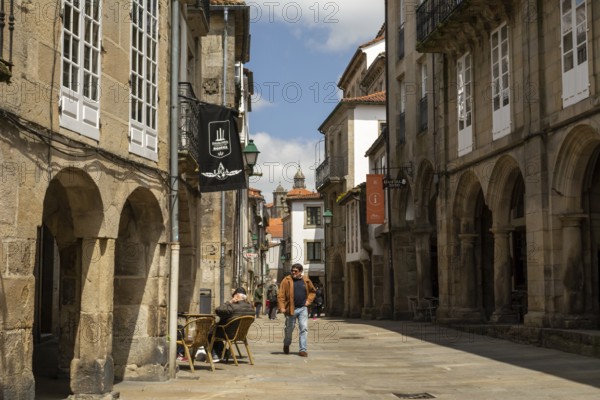 Santiago de Compostela, Spain, May 2018: View on the arcade streets of the old town of Santiago de Compostela in Spain, Europe
