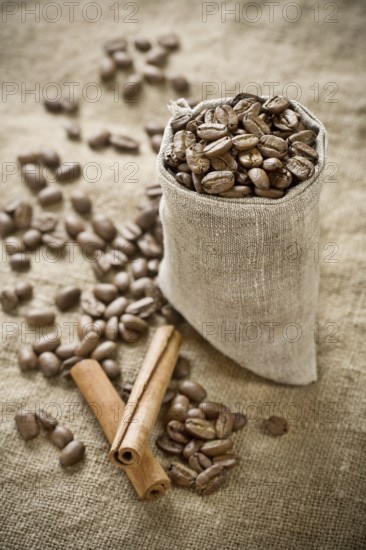Coffee beans in bag with cinnamon