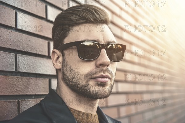 Portrait of stylish handsome young man with bristle standing outdoors and leaning on brick wall. Man wearing jacket, sweater and sunglasses