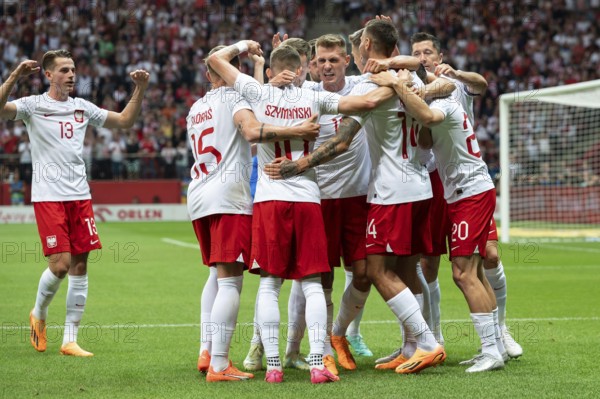 WARSAW, POLAND - JUNE 16, 2023: Friendly football match Poland vs Germany 1:0. Team of Poland joy after scoring goal.