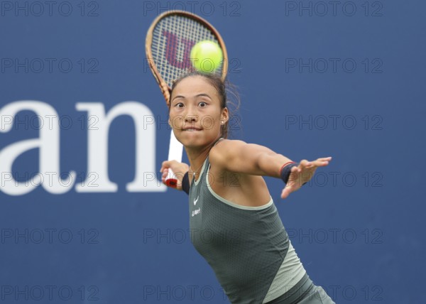 Tennis player Qinwen Zheng of China in action at the US Open 2024 Championships, Billie Jean King Tennis Center, Queens, New York, USA, North America