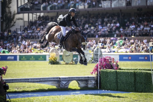 Sameh El Dahabn of Great Britain and riding WKD Toronto compete in the first round of the 1.60m CPKC International during the Spruce Meadows Masters, presented by Rolex, in Calgary, Alberta, Canada, North America