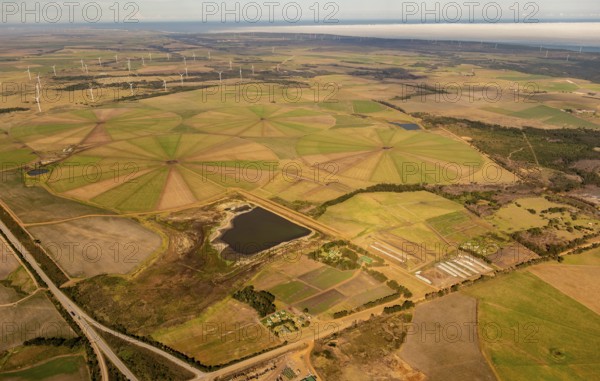 Irrigation, irrigation rings, reservoir, agriculture, wind turbines, coastal fog, clouds, Clarkson, Eastern Cape, South Africa, Africa