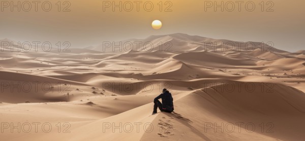A person sitting in the Erg Chebbi desert in the African Sahara, Morocco, Africa
