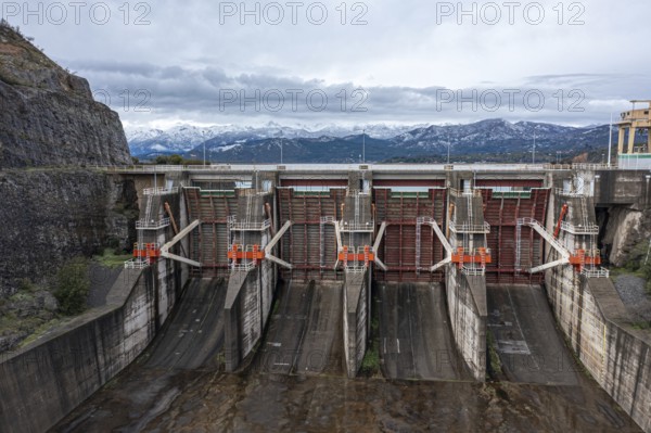 Dam on like Colbun in Chile. Aerial view drone photography
