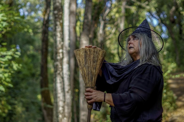 Old witch in black, dressed in black, seen in profile with her broom with a forest in the background