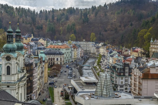 View of historical center of Karlovy Vary from hill, Czech republic