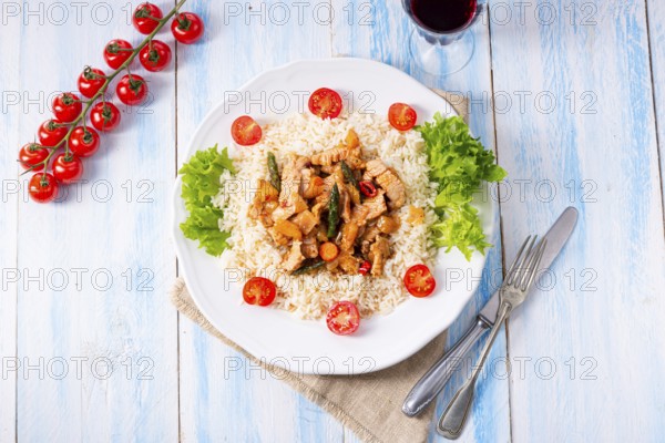 Turkey fricassee on rice with asparagus and peppers