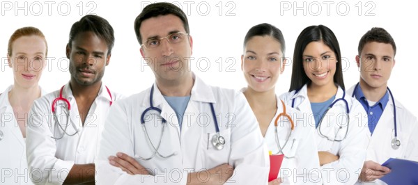 Doctors team group in a row on white background men and women doctor
