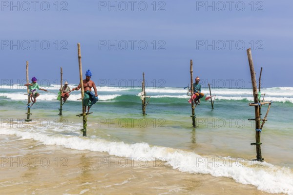 Stilt fishermen, Weligama, Matara District, Southern Province, Sri Lanka, Asia