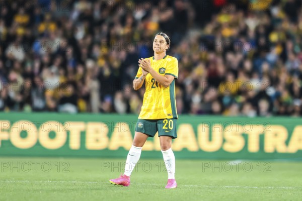 MELBOURNE, AUSTRALIA, JULY 14 : Sam Kerr of Australia thanks the crowd after being substituted as Australia plays France in the World Cup 2023 Send Off friendly match on 14th July 2023