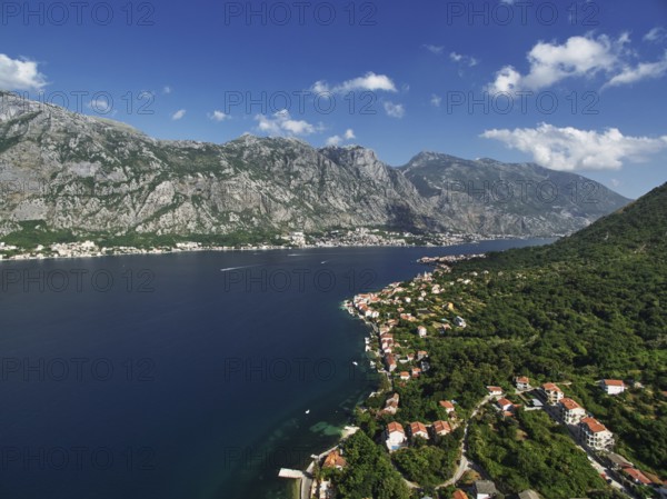 Resort town on the shores of the Bay of Kotor among green trees at the foot of the mountains. Montenegro. Drone., Kotor Municipality, Montenegro, Europe