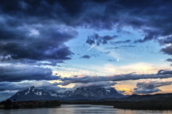 View over Lago Paine to the Cuernos and Torres del Paine, Torres del Paine National Park, Patagonia, Chile, South America