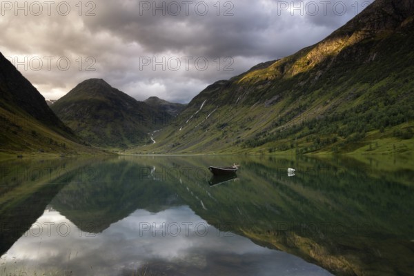 Evening view at Lake Anestolsvatnet which is surrounded by beautiful mountains and is situated close to the Norwegian village Sogndal