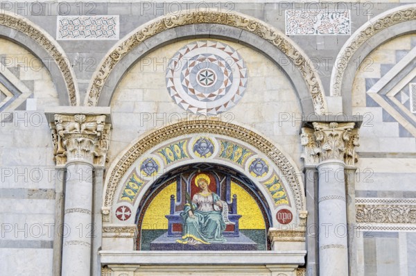 Mosaic by Giuseppe Modena da Lucca of the Saint Reparata, lunette above left door of the Cathedral (Duomo) in Pisa, Tuscany, Italy, Europe
