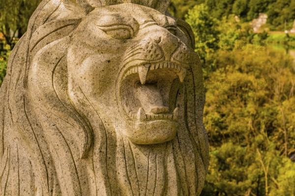 Daejeon, South Korea, September 16, 2019: Closeup of statue of lion roaring on display at Road House river park, Asia