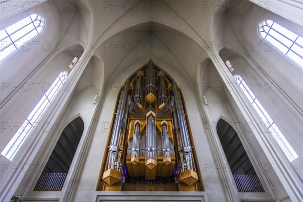 REYKJAVIK, ICELAND, JULY 06: Interior view of the pipe organ and architectural design of Hallgrimskirkja church, looking up inside the tower on July 06, 2013 in Reykjavik, Iceland, Europe