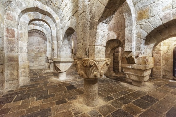 Leyre, Spain, August 10, 2019 : Interior of the ancient romanesque crypt of the Church of Holy Savior of Leyre Iglesia de San Salvador de Leyre, Navarre, Spain, Europe