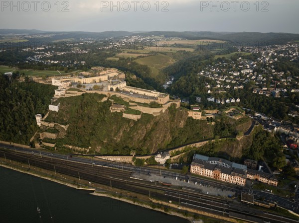 Ehrenbreitstein Fortress is situated 118 metres above the Rhine opposite the mouth of the Moselle with the Deutsches Eck in Koblenz. Ehrenbreitstein Fortress, the second largest preserved fortress in Europe, was built in its present form between 1817 and 1828. Koblenz, Rhineland-Palatinate, Germany, Europe