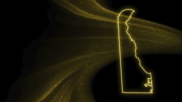 Map of Delaware, Gold glitter map on dark background