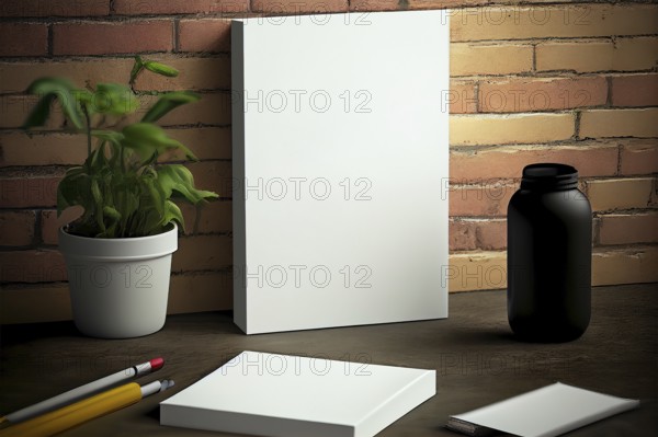 Book cover blank white vertical design template on a table, room interior