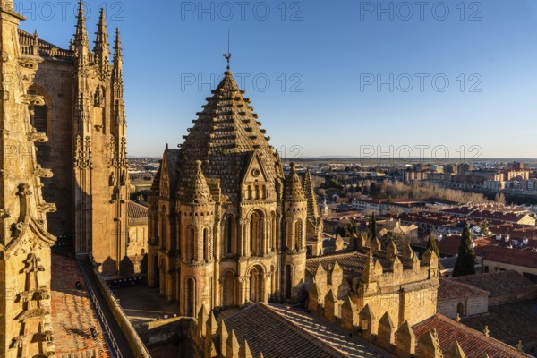 Exterior view of the dome of the Old Cathedral of Salamanca a blue sky day. Castilla y Leon, Spain, Europe
