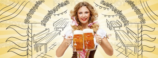 Beautiful sexy Oktoberfest woman wearing a traditional Bavarian dirndl dress serving two beer mugs with happy smile on sketchy Oktoberfest tent entrance background. Facebook size format