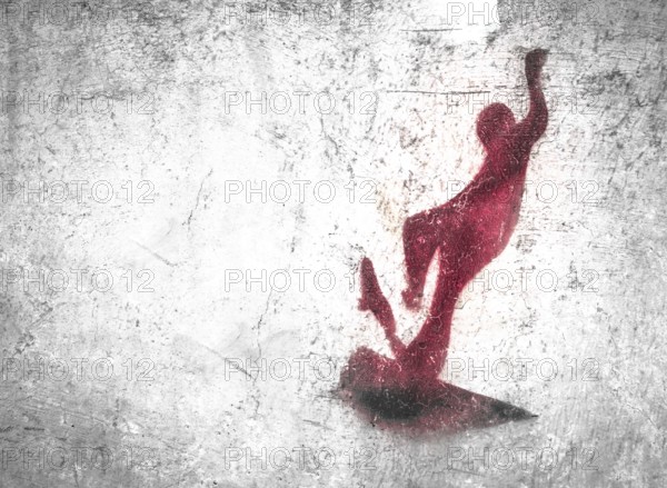 View of a skateboarding themed stencil graffiti piece by an unidentified artist on grungy wall. It can be used as a urban theme, poster, wallpaper, design t-shirts and more