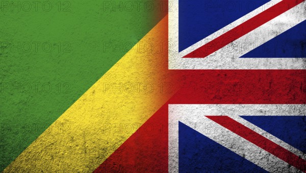 National flag of United Kingdom (Great Britain) Union Jack with Congo-Brazzaville National flag. Grunge background