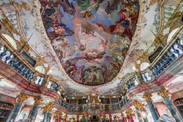 WIBLINGEN, BAVARIA, GERMANY, JUNE 08, 2022 : Rococo and baroque decors of the library in Wiblingen abbey, near Ulm city, by architects Christian and Johann Wiedemann, 18th century