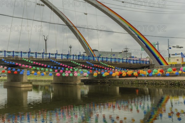 Youngdong County, South Korea. April 25, 2019: Paper lanterns hanging from bridge in preparation for Buddha's birthday celebrations