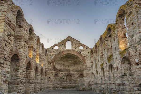 The Church of Saint Sofia or Old Bishopric at sunrise in Nessebar ancient city. Nesebar, Nesebr is a UNESCO World Heritage Site. A Byzantine architecture ruins of an old church in Nessebar, Bulgaria, Europe