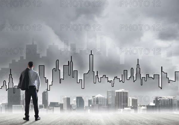 Motivation and inspiration concept with modern cityscape and businessman observing it