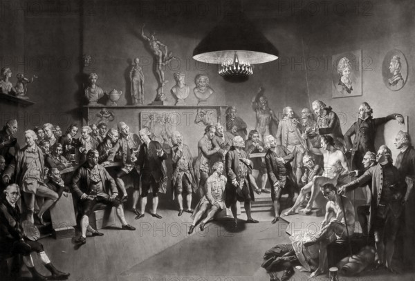 The life class for the Royal Academy of Art at old Somerset House, London, William Hunter, 1718 – 1783, Scottish anatomist and physician, after Zoffany