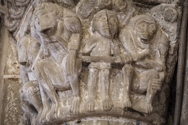 Capital of the transept, represents a monkey, an orangutan, a primate and a man, San Martín de Elines, Valderredible region, Cantabria, Spain, Europe