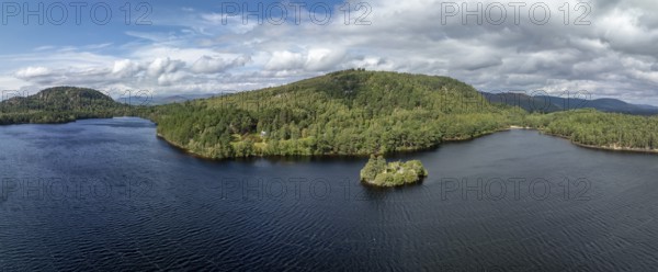 Loch at Eilein Castle, loch with island with castle ruins, drone shot, Rothiemurchus, Cairngorms National Park, Scotland, Great Britain