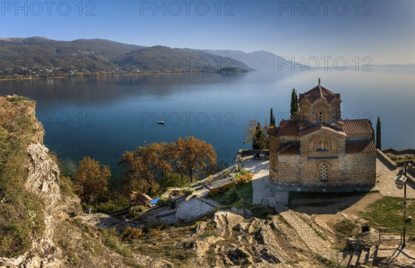Ohrid, North Macedonia, 1 November, 2022: view of the church of Saint John and Lake Ohrid in North Macedonia