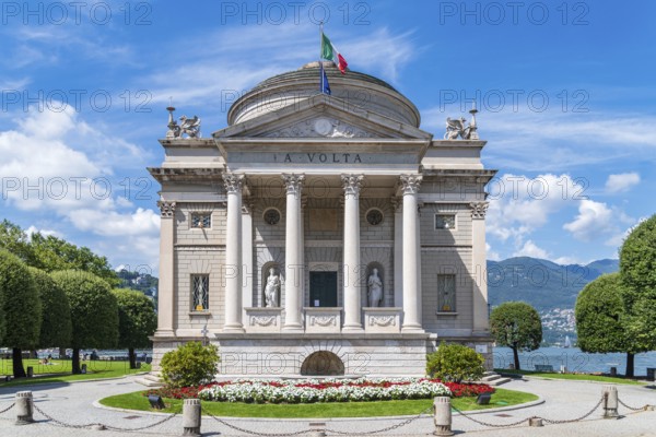 COMO, ITALY, AUGUST 6, 2021: Museum Tempio Voltiano exterior on Lake Como, dedicated to the Italian physicist Alessandro Volta